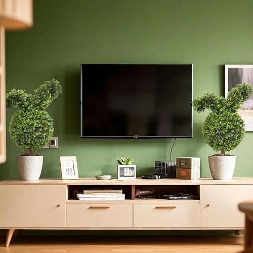 Damomo 27'' Artificial Bunny Shaped Topiary Trees with Ground Spike Set of 2, Outdoor Indoor Faux Boxwood Topiary Ball Bushes Potted Fake Shrubs Front Porch Decor Outside Garden - size: 27 inch