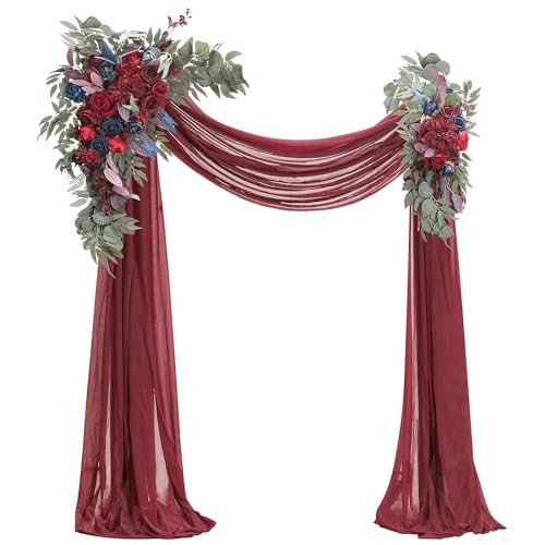 Floroom Arch Flowers with Drapes Kit (Pack of 4) - 2pcs Artificial Burgundy & Navy Blue Floral Swag Arrangement with 2pcs Draping Fabric for Wedding Ceremony Arbor and Reception Backdrop Decoration - color: Burgundy & Navy Blue