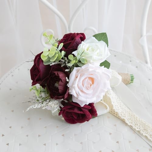 Wedding Bouquets for Bride Bridesmaid, Artificial Burgundy Blush Bride Flower Bouquet for Wedding Church Decoration Ceremony, Anniversary, etc, Roses Flowers - color: Burgundy & Blush