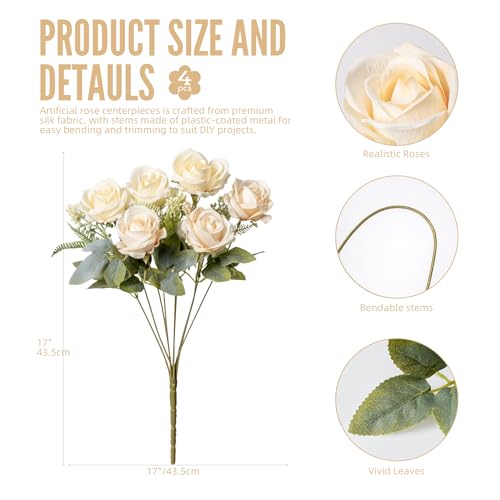 Fake Roses Champagne Roses Artificial Roses Silk Roses Artificial Roses with Stems 24 Full Flower Heads Faux Roses for Indoor Centerpieces home Wedding Farmhouse Decoration No Vase(4PCS,Champagne) - color: Champagne 4pcs