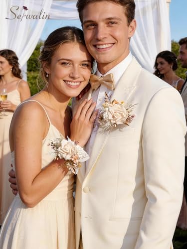 Serwalin 2 Pcs Wrist Corsage and Boutonniere Set, 6-7 Inch Champagne Corsage for Wedding, Boutonniere for Men Corsage Wristlet Prom Ceremony Anniversary Accessories Suit - color: A Champagne, size: 1 Boutonniere & 1 Wrist Corsage-2pcs