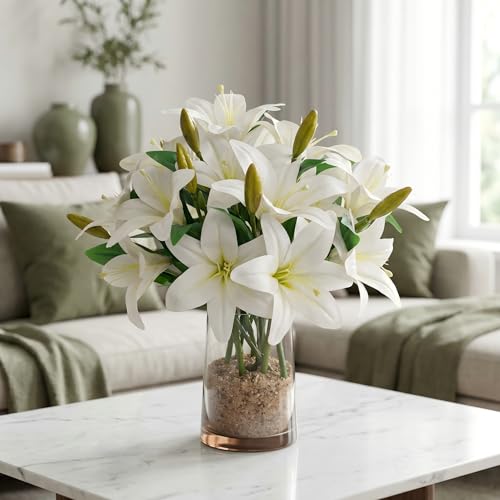 ATFL Artificial Lilies Flowers,9 Pcs Faux Lily Flowers,16''Tiger Lily Branches with 2 Full Blooms and 1 Bud,Faux Fake Lilies Plants for Wedding Bouquet Floral Arrangements (9, White) - color: White