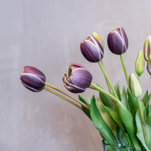 Artificial Tulips Flowers,Soft Touch Latex Bouquet, Fake Tulips,Spring Wedding Home Room Table Centerpiece Decor - color: 15pcs Dark Plum(no Vase)