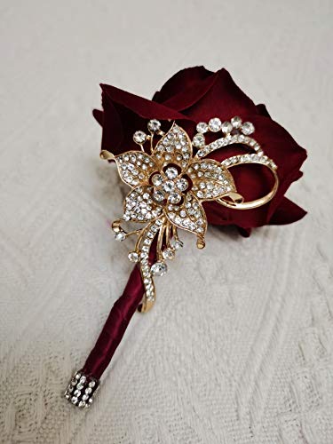 YIFUwedding Bride Water Drop Wine Red Bouquet Navy Blue Luxury Jewelry Proposal Bridesmaid Groom Corsage Wrist Flower Wedding Decoration (Wine Red Groom Corsage) - color: Wine Red Groom Corsage