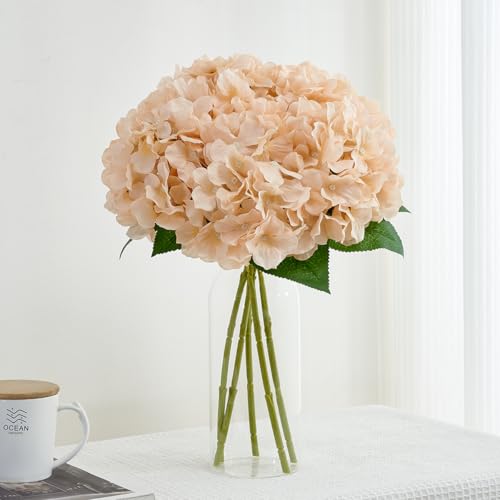 8pcs Fake Flowers Silk Hydrangea Artificial Flowers Bouquets Faux Hydrangea Stems for Home Table Centerpieces Wedding Party Decoration - color: Champagne