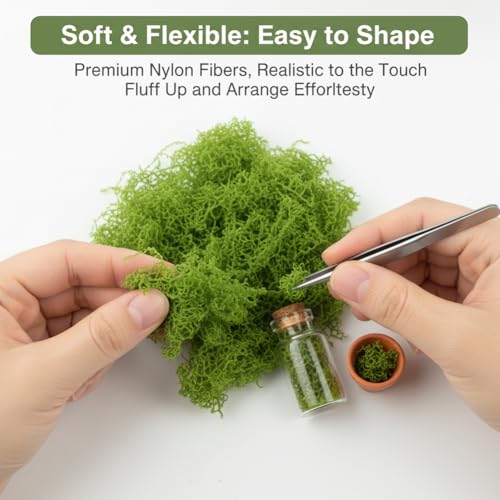 7 oz Fake Moss for Crafts, Realistic Pot Filler for Artificial & Potted Plants, Reusable Greenery Filler for Fairy Garden Decor, Includes Dark & Light Green