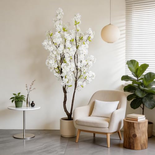 6.56ft White Artificial Cherry Blossom Tree Indoor Decor,Nearly Nature Silk Flower Fake Tree Tall,Realistic Faux Cherry Plant Tree for Christmas New Year Home Decor - color: White-ap17