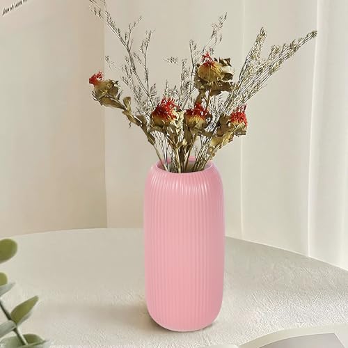 Ceramic Vase for Flowers – Modern Small Ribbed Textured Flower Vase for Home Decor, Pampas Grass, Decorative, Farmhouse, Coffee Table, Kitchen Centerpieces, Bookshelf and Home Living (Pink) - color: Pink