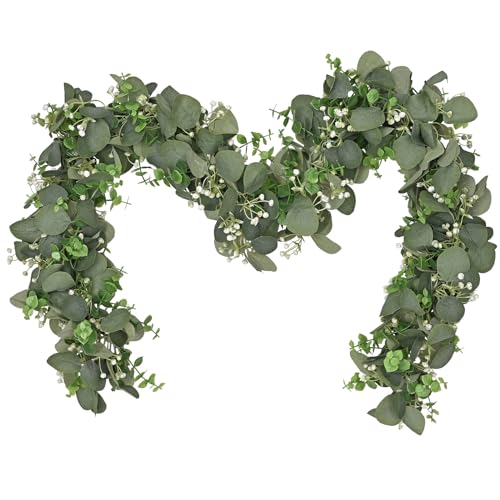 Dolicer 2 Packs 6FT Artificial Eucalyptus Garland, Faux Greenery Garland Fake Vines Hanging Silver Dollar Eucalyptus Leaves for Wedding Backdrop Arch Table Wall Party Home Decor - color: Grey Green With White Seed, size: 2 Packs