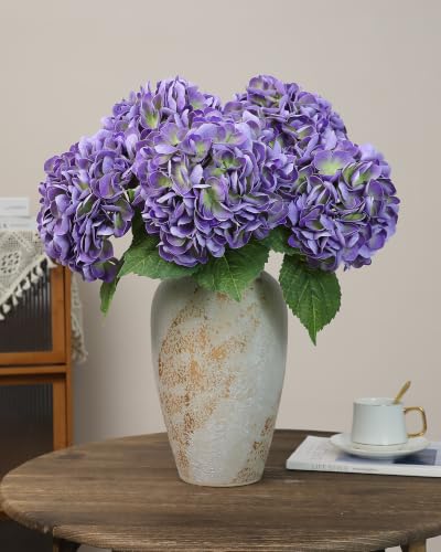 5pcs Purple Hydrangea Artificial Flowers Real Touch Latex Large Fake Hydrangeas 21in Lifelike Full Dried Faux Hydrangeas Flowers for Home Decor Wedding Party Arrangements - color: Purple, size: 5Pcs