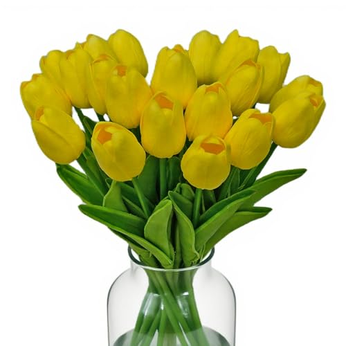 20pcs Fake Tulips PU Yellow Tulips Artificial Flowers Faux Flowers 13 Inch Mother's Day Easter Valentine’S Day Gifts in Home Kitchen Spring Decorations For Home (Yellow) - color: Yellow