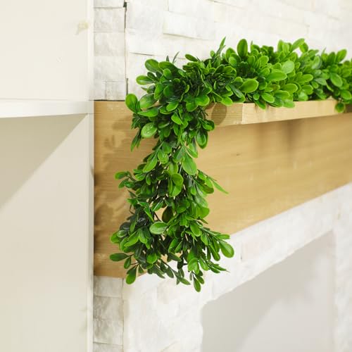 Dingion 6 ft Artificial Boxwood Garland Spring Faux Greenery Garland Preserved Green Leaves Fake Vines Hanging Plant Realistic Green Decor for UV Outdoor Indoor Wedding Backdrop Arch Wall Table