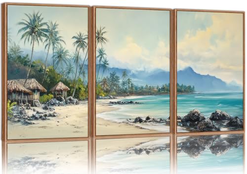 Rantodecor Tropical Coastal Framed Canvas Wall Art, Beach Landscape Posters Wall Decor, Island Palm Trees Beach House Art Paintings, Seascape Mountains Artwork for Bedroom Living Room Office 16"x24"x3 - color: Tropical Coastal, size: 24"x16"