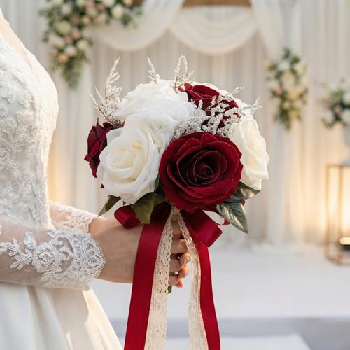 Wedding Bouquets for Bride, Ivory White Burgundy Bridal Bouquet | Realistic Silk Rose for Rustic Boho Church Ceremony, Proposal, Thanksgiving, Wedding Decor - color: Ivory White and Burgundy