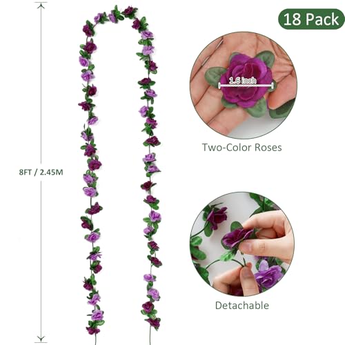 KHOYIME 18 Pack 144 FT Artificial Flower Garland, Fake Purple Roses Vines Silk Flowers Faux Plastic Outdoor Hanging Floral Ivy Garland Decoration for Wedding Arch Bedroom Home Wall Backdrop Room Decor - color: Purple, size: 18pcs