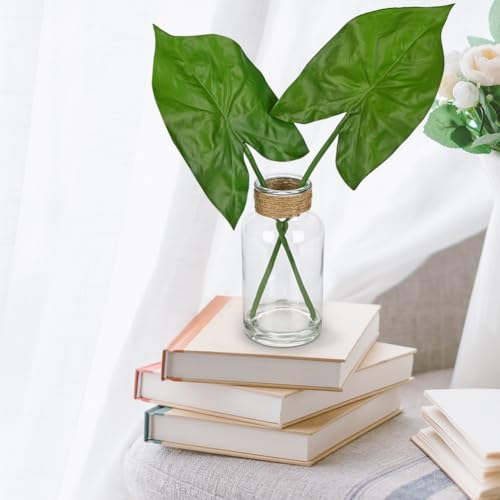 GnFlus Fake Plants Faux Greenery Stems in Glass Vase with Faux Water, Realistic Silk Faux Plants Artificial Tropical Leaves for Home Bathroom Office Wedding Centerpiece Décor - color: Elephant Ears