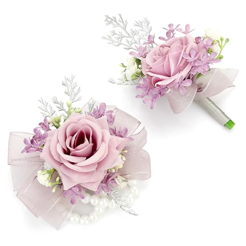 2pcs Purple Corsage and Boutonniere Set for Prom Decor Silk Corsage Wristlet Boutonniere for Men Artificial Flowers for Wedding Party Suit Decor - color: Light Purple Corsage - Double-cain