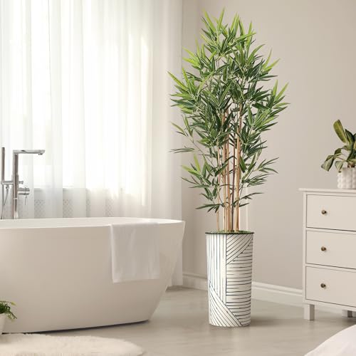 Artificial Tree in Geometric Pattern Planter, Fake Bamboo Silk Tree for Indoor and Outdoor Home Decoration - 70" Overall Tall (Plant Pot Plus Tree) - style: Bamboo
