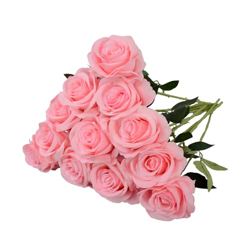 12pcs Rose Artificial Flowers, Fake Rose Silk Flower Bouquet, Faux Roses with Stems - 50cm, Roses Decor for Wedding & Home Decoration (Pink) - color: Pink