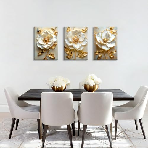 Modern White Floral Golden Leaves Canvas Wall Art Set, Neutral 3d Textured Flowers Wall Painting Pictures Boho Beige Blossom Wall Decor Posters Print Artwork for Bedroom Living Room Office 16x24x3Pcs - color: Flower-golden leaf, size: 16"x24"x3Pcs
