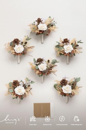 Ling's moment Artificial Bridesmaid Bouquets Set of 6,Brown Wedding Flower Bouquets Floral Bouquet Bridal Bouquets with Ribbon Ceremony Anniversary,7-inch Diameter - color: Brn-brown & Beige