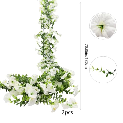 Artificial Flowers Garland 2PCS White Artificial Silk Morning Glory Vine Artificial Flowers Hanging Eucalyptus Garland for Wall Fence Arch UV Protected Indoor Outdoor Decor - color: White