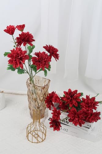 6PCS Red Artificial Dahlia Flowers 27.5’’Silk Faux Dahlias Fake Flowers with Stems for Home Wedding Dining Table Party Garden Decoration(Red) - color: Red