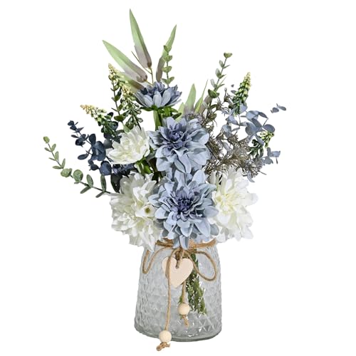 Artificial Flowers with Vase, Faux Dahlia Flower Arrangement in Glass Vase, Blue and White Silk Flowers with Eucalyptus for Home Office Kitchen Dining Table Centerpiece Decor - color: Blue-green
