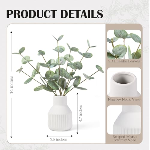 FIACO Artificial Eucalyptus Stems in Ceramic Vase, 14" Fake Plants for Home Decor, Coffee Table Centerpiece Bathroom Shelf Dining Table Farmhouse Faux Greenery Plants Indoor Decorations - color: Green Eucalyptus - White Striped Ceramic Vase
