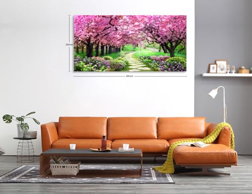 Aibonnly Canvas Wall Art Painting Pink Cherry Blossoms 1 Piece Park Tree Forest Wallpaper Spring landscape Picture Poster Print Framed and Stretched Ready to Hang for Living Room Bedroom Artwork - color: Pink, size: 48"L x 24"W