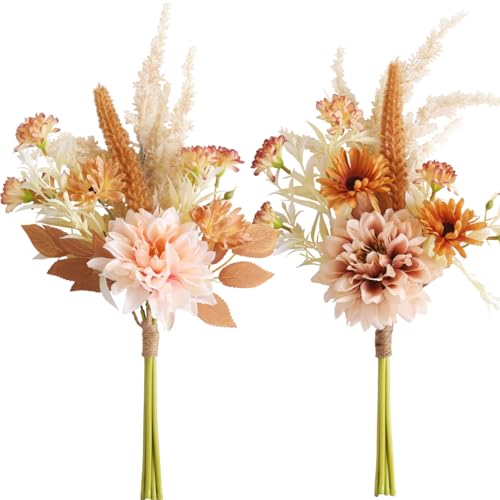 Joeabor Fake Flower Bouquet, Faux Flower Arrangement for Decorating Kitchens, Bedrooms, Bathrooms, Realistic Artificial Flowers Made of Silk & Plastic, Floral Decoration with Dahlia & Small Blossoms - color: Pink & Light Coffee