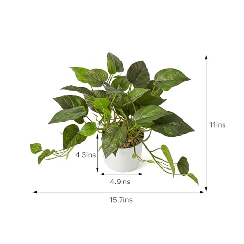 Artificial Plants Faux Pothos with Plastic White Pot Artificial Potted Plant for Home Office Bedroom Indoor Outdoor Decor 1 Pack(Dark Green)