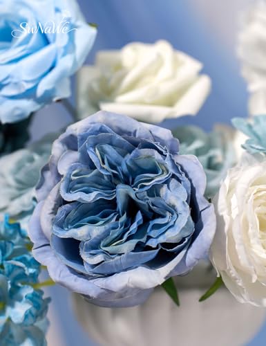Light Blue Flowers Artificial Roses Combo Set Fake Blue Silk Flowers Faux Peony Flowers Mix Hydrangea Dahlia with Stems for Wedding Bouquets Baby Bridal Shower Party Floral Arrangements Decor - color: Blue, size: The Modern Classic