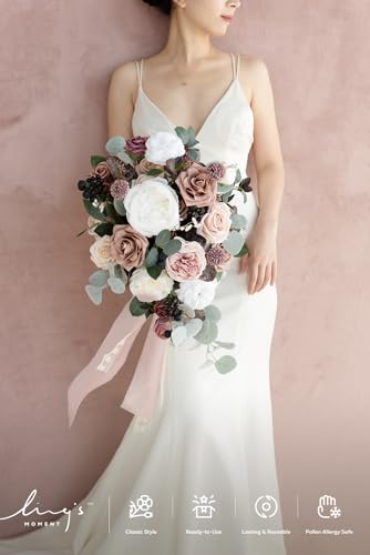Ling's moment Pink Wedding Bouquets for Bride, Dusty Rose and Mauve Bridal Bouquets for Bride, 15 Inch Free Form Artificial Wedding Flowers Bouquets - color: Pk-dusty Rose and Mauve, size: Medium 15 Inch
