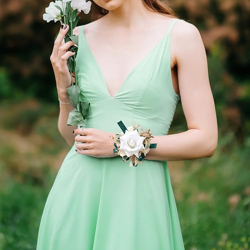 Ivory Rose Wrist Corsage Wristlet Band Bracelet and Men Boutonniere Set with Dark Green Ribbin for White Wedding Flower Accessories Prom Suit Decorations
