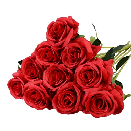 10 Pcs Red Rose Artificial Flower, Faux Silk Flowers With Long Stems, Fake Roses Bulk Bouquet for Decoration Valentine's Day Centerpieces Proposal Bridal Bouquets Shower Party Home Floral Decor - color: Red