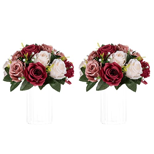 NUPTIO Artificial Flower Centrepieces for Tables - 2 Pcs Burgundy & Dusty Rose & Creamy White Fake Flowers Roses Balls 9.5in Diameter - Silk Faux Rose Arrangement for Wedding Party Table Decor - color: Burgundy & Dusty Rose & Creamy White, size: 2 Pcs