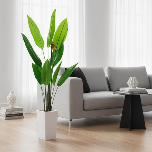 GAOMON 5.6 FT Artificial Bird of Paradise Tree with Artificial Flowers, Faux Artificial Plants for Indoor&Outdoor with 12 Leaves Fake Banana Leaf Plant Artificial Palm Tree with White Tall Planter