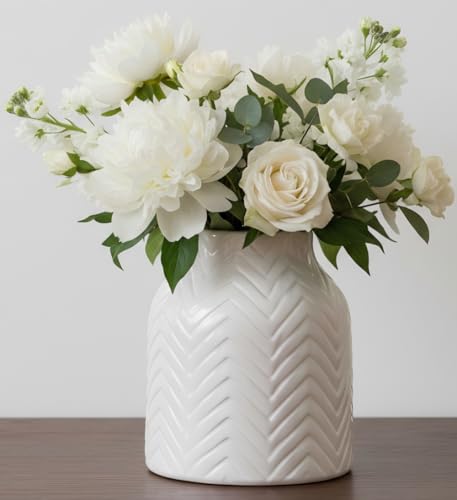hjn White Vase for Flowers Ceramic Vase for Decor, Modern Decorative Vase, Vases for Your Kitchen/Office/Living Room/Bookshelf/Mantel - White Texture(Small) - size: 5D'' x 6H''