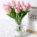 10 Elegant Pink Tulip Artificial Flowers with Dark Green Leaves - color: Pink1