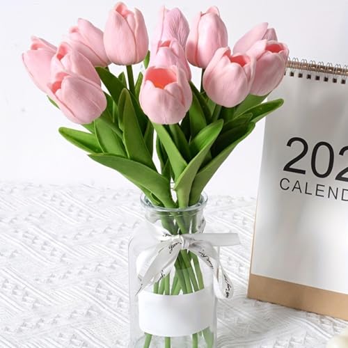 10 Elegant Pink Tulip Artificial Flowers with Dark Green Leaves - color: Pink1