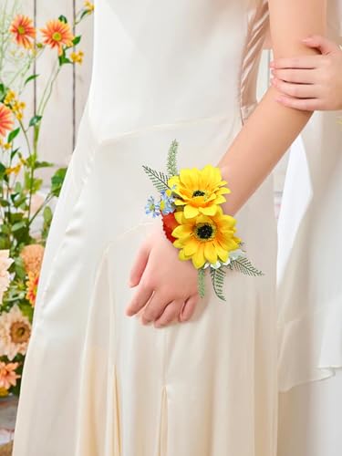 Rinlong 2Pcs Sunflower Wrist Corsage for Wedding, Prom, Homecoming | Bridesmaid, Mother of the Bride Corsage - color: 14-sunflowers
