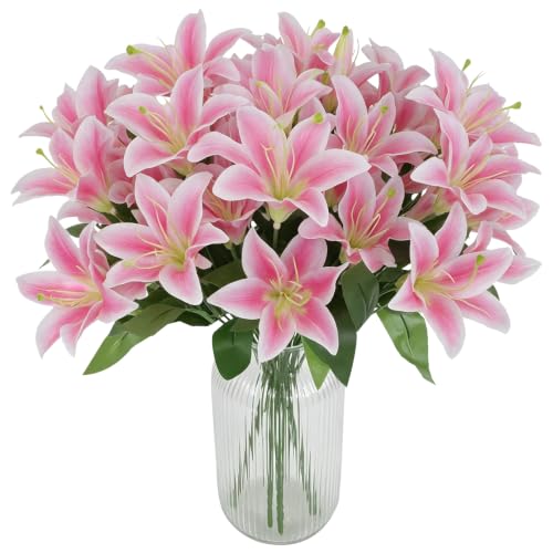 ZeKonan 10 Pcs Artificial Lily Flowers Faux Fake Pink Silk Lilies Bouquets | Home Kitchen Wedding Party Decor, Table Centerpieces Decoration, Flower Arrangement Decor, 14in - color: 10 Pcs Pink