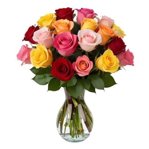 18 Rainbow Roses Assorted Mixed Color with Vase | Arabella Bouquets | Real Fresh Flowers for Delivery, Gift for Birthday, Women, Congratulations, Anniversary, Mother's Day - color: Assorted, size: 18 Stems