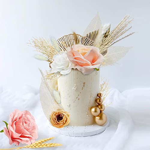 22 PCS Boho Cake Topper Decorations Vintage Artificial Rose Flowers Leaves Various Dried Pampas Grass Cake Decor for Cake Decorating for Wedding Bridal Birthday Party Supplies - color: Pink White Apricot