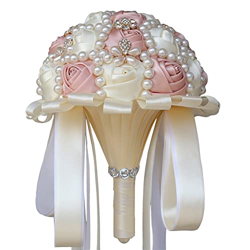 Blush Pink Bridal Wedding Bouquet with Rhinestone Brooch Pearl for Bride Bridesmaid Quinceanera Satin Rose Flower Bouquet Wedding Blush Pink and Ivory 7.1in - color: #2 Blush & Ivory, size: Diameter: 7.1 inches