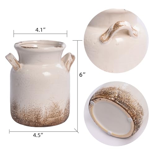 Quoowiit Ceramic Rustic Farmhouse Vase, Distressed Decorative Flower Vase for Home Decor, Ideal Shelf Decor, White Boho Vase for Living Room Bedroom Kitchen Office Decor Centerpiece Table Decorations - color: 6 Inch