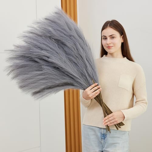 10 Pcs 39''/3.2FT Faux Pampas Grass Decor, Large Tall Fluffy Artificial Fake Flower, Bedroom Decor Boho Decor Pompas Floral for Vase Filler Farmhouse Home Wedding Decor (Grey) - color: Grey