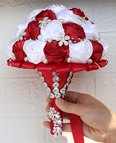 Sharebeauty 8.3 Inch Handmade Satin Rose Bridal Bouquet Toss Round Wedding Bouquet Throw Toss Artificial Flower Bunch Dark Red + White - color: W224 Dark Red/White, size: 8.3"/21cm