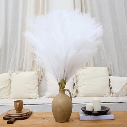 10 Pcs 39''/3.2FT Faux Pampas Grass Decor, Large Tall Fluffy Artificial Fake Flower, Bedroom Decor Boho Decor Pompas Floral for Vase Filler Farmhouse Home Wedding Decor (White) - color: White
